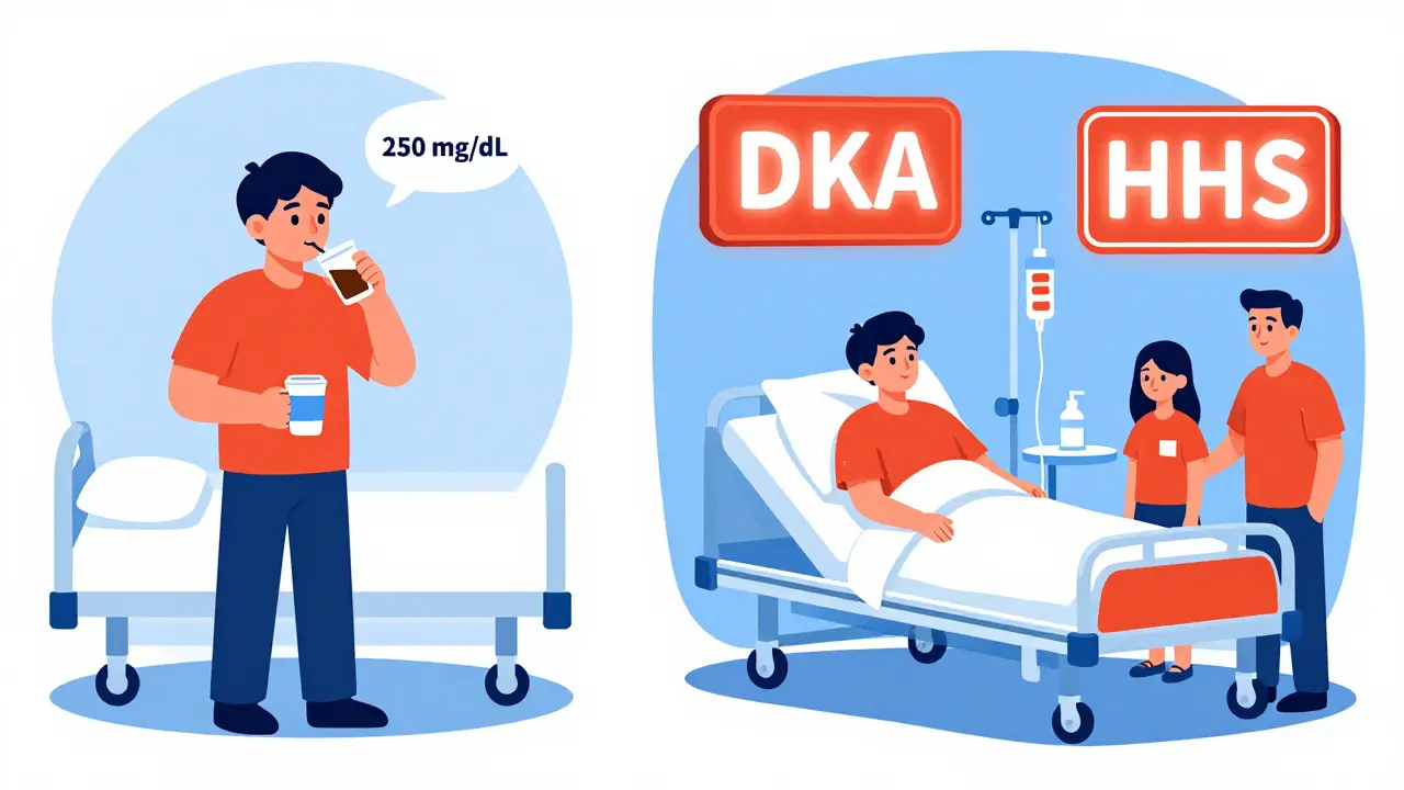 Side-by-side scene: one person ignoring diabetes symptoms versus the same person receiving emergency care with IV drips and family present.