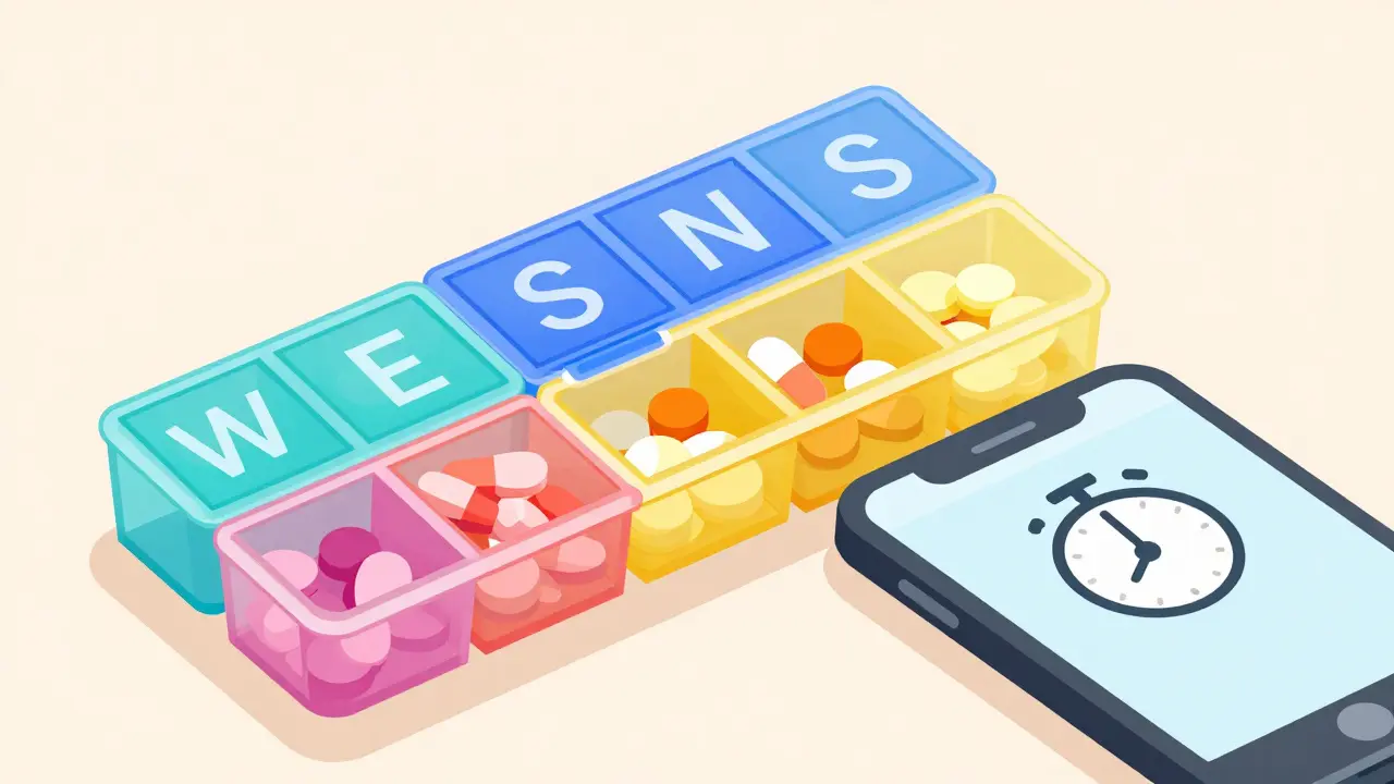 Weekly pill organizer and phone reminder tool close-up.