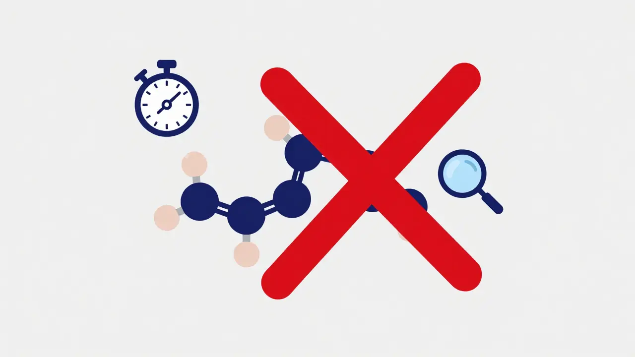 A chemical molecule with a red X over it and a stopwatch icon