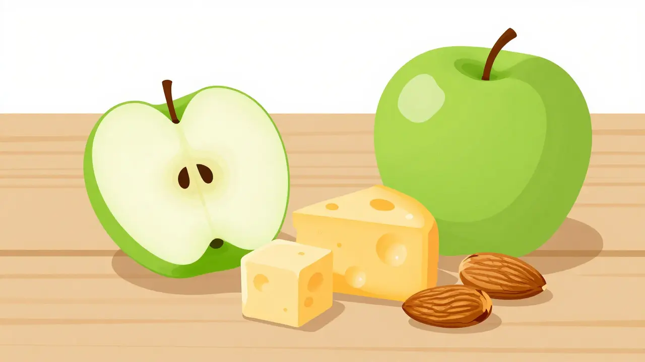 A healthy snack of sliced apple, cheese cubes, and almonds in flat design style.
