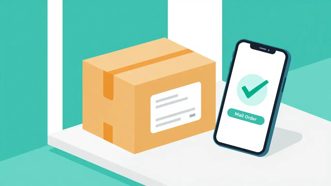 A medication delivery package on a doorstep next to a smartphone.