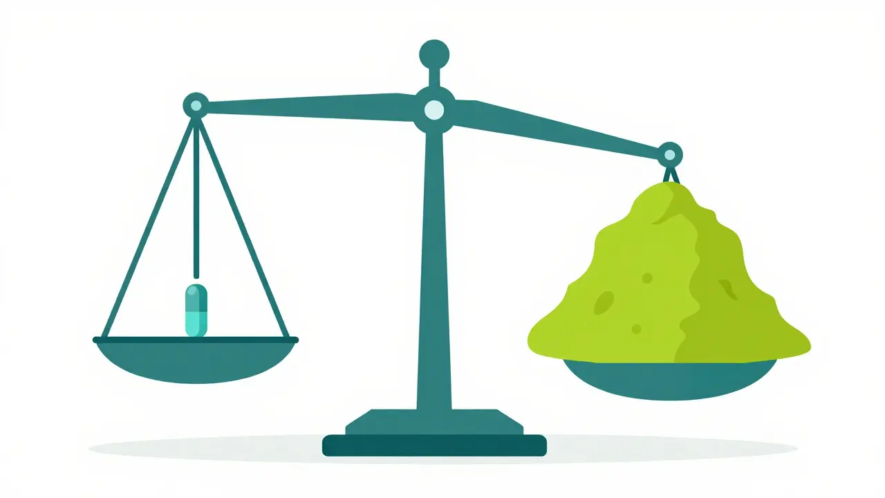 A scale tipping imbalanced between a small medication pill and herbal root powder