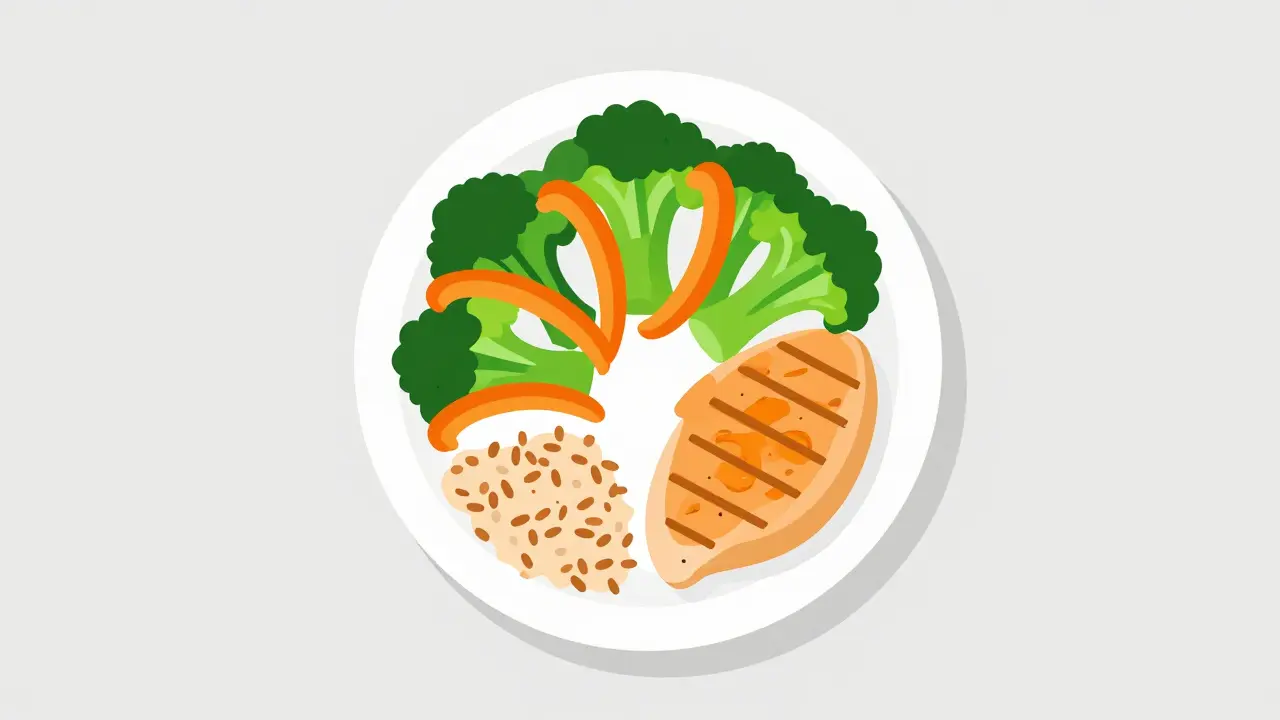 A top-down view of a plate divided into vegetables, protein, and healthy carbohydrates.