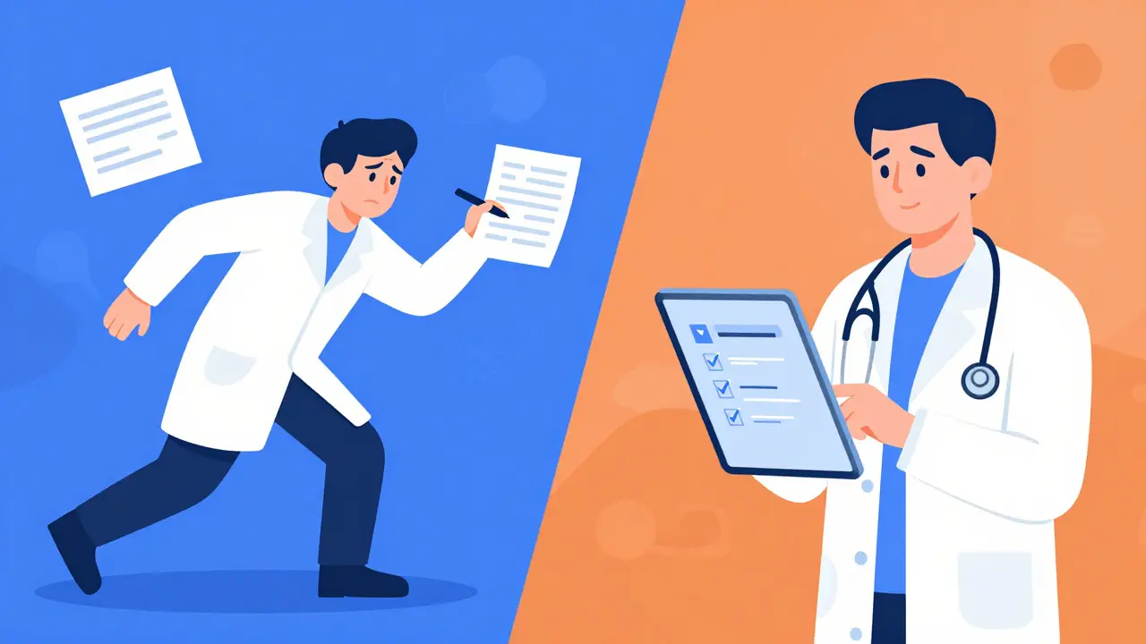 Comparison between a stressful handwritten prescription and a calm digital e-prescription process