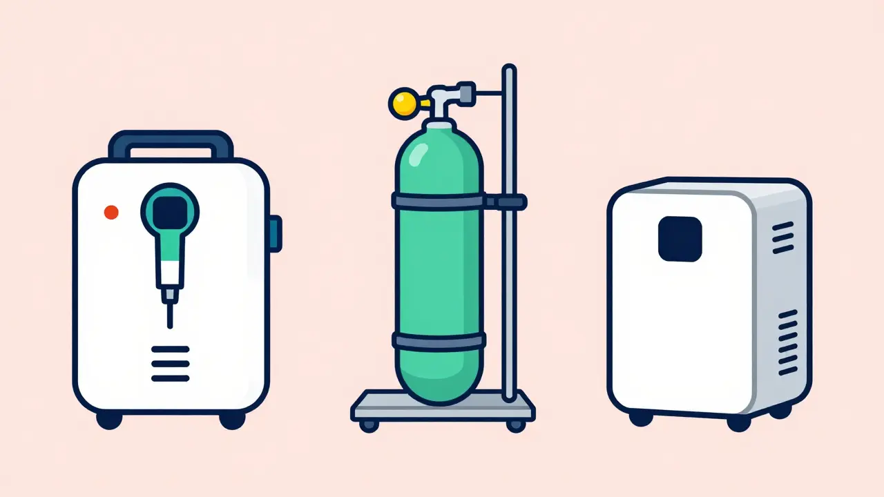 Flat design icons of an oxygen concentrator, a secured gas cylinder, and a liquid oxygen system