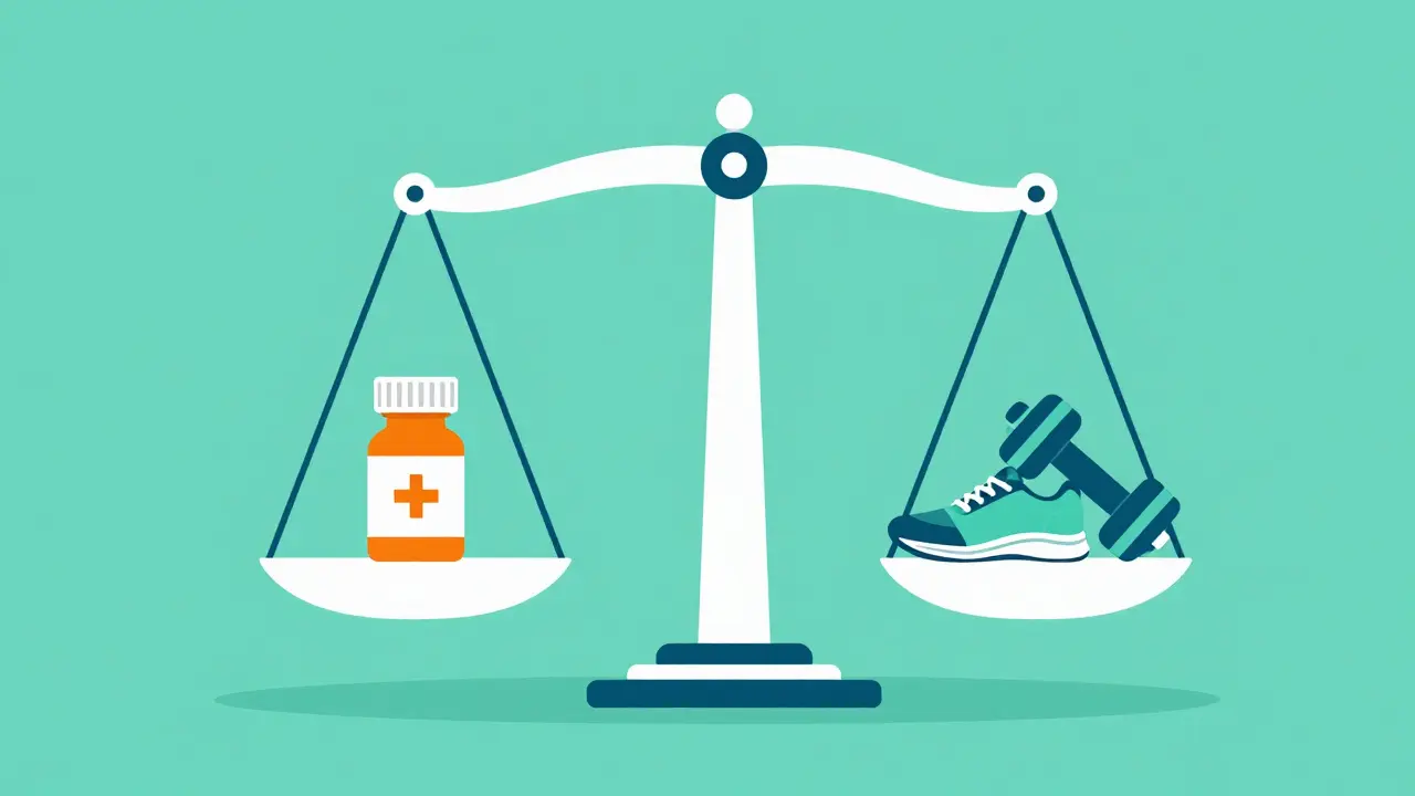 Flat design illustration of a scale balancing a medicine bottle with exercise equipment.