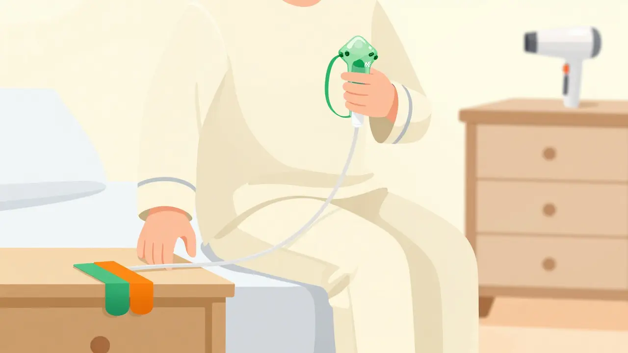 Flat design illustration of oxygen tubing secured with Velcro straps in a safe bedroom setting