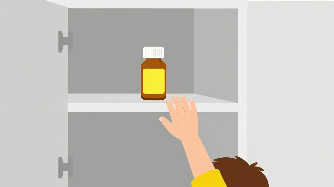 Medication stored on a high shelf out of reach of a child.