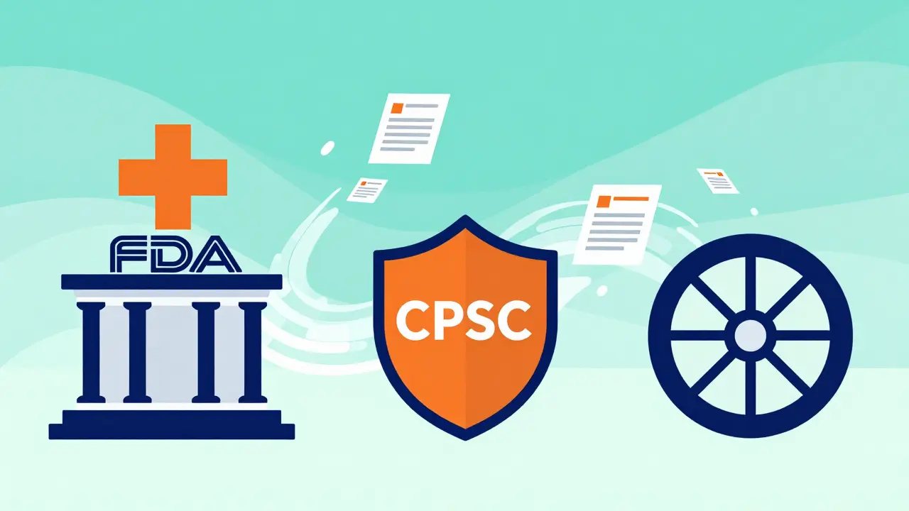 Stylized icons representing FDA, CPSC, and NHTSA connected by a data pipeline.